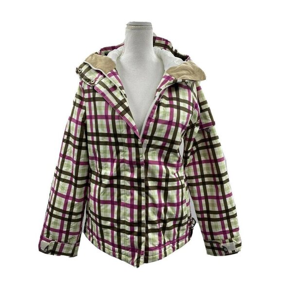 ROXY Plaid Ski Snow Snowboarding Hooded Jacket Coat XS Zip Pockets Insulated - Picture 2 of 12